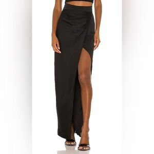 Michael Costello x Revolve Lenore Black Satin Front Slit Maxi Skirt Size Small